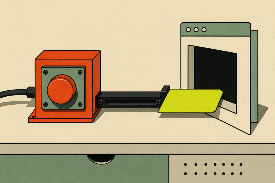 A red push-to-talk switch sends one lemon command card along a short rail into a browser window.